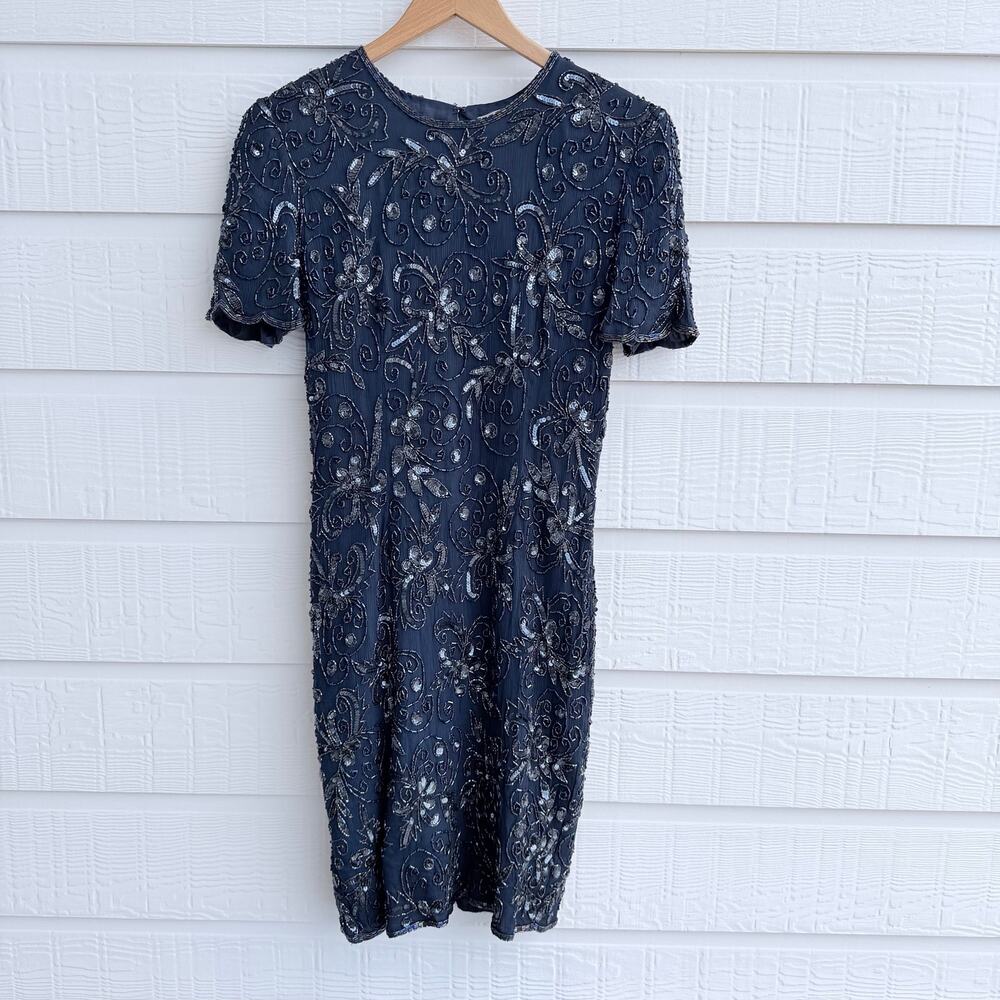 AP Ltd Navy Silk Beaded Sequin Sheath Dress Vintage Cocktail Party sz 8